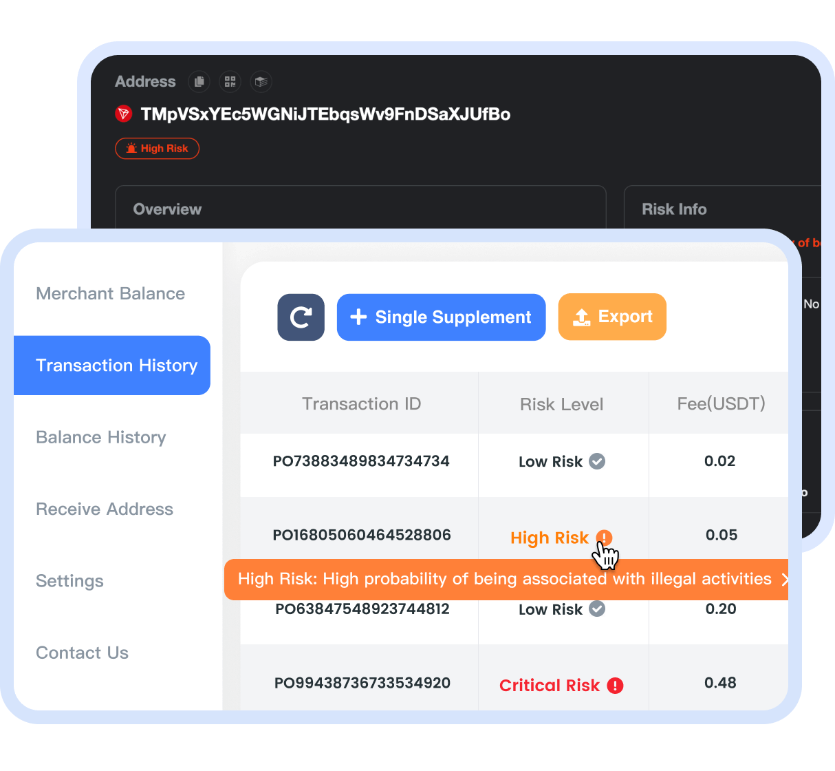 Perform risk level analysis on each payment address to protect your receiving wallet and funds in real time